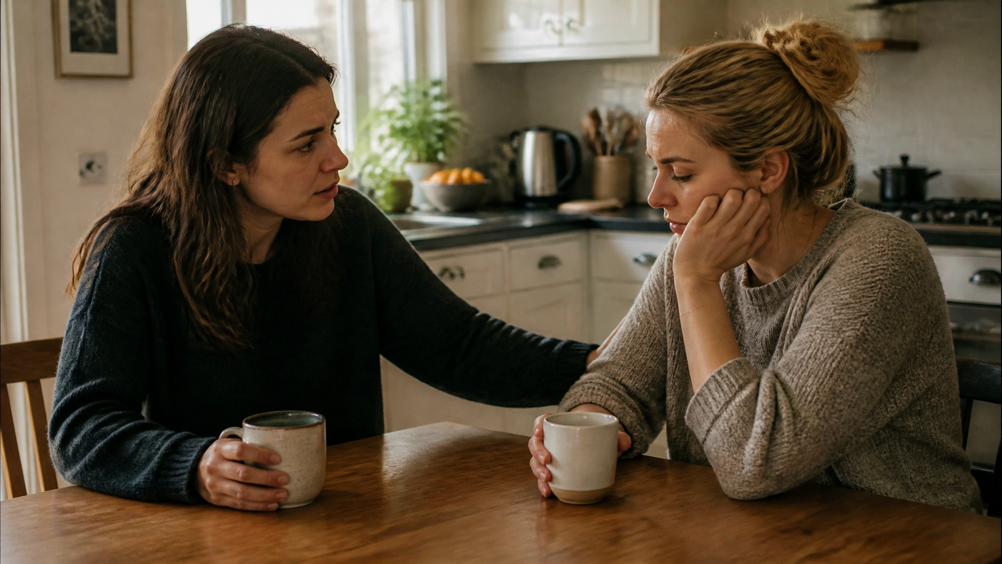 A worried friend gently talking with in soft daylight, calm and supportive mood, warm neutral tones, candid documentary realism.