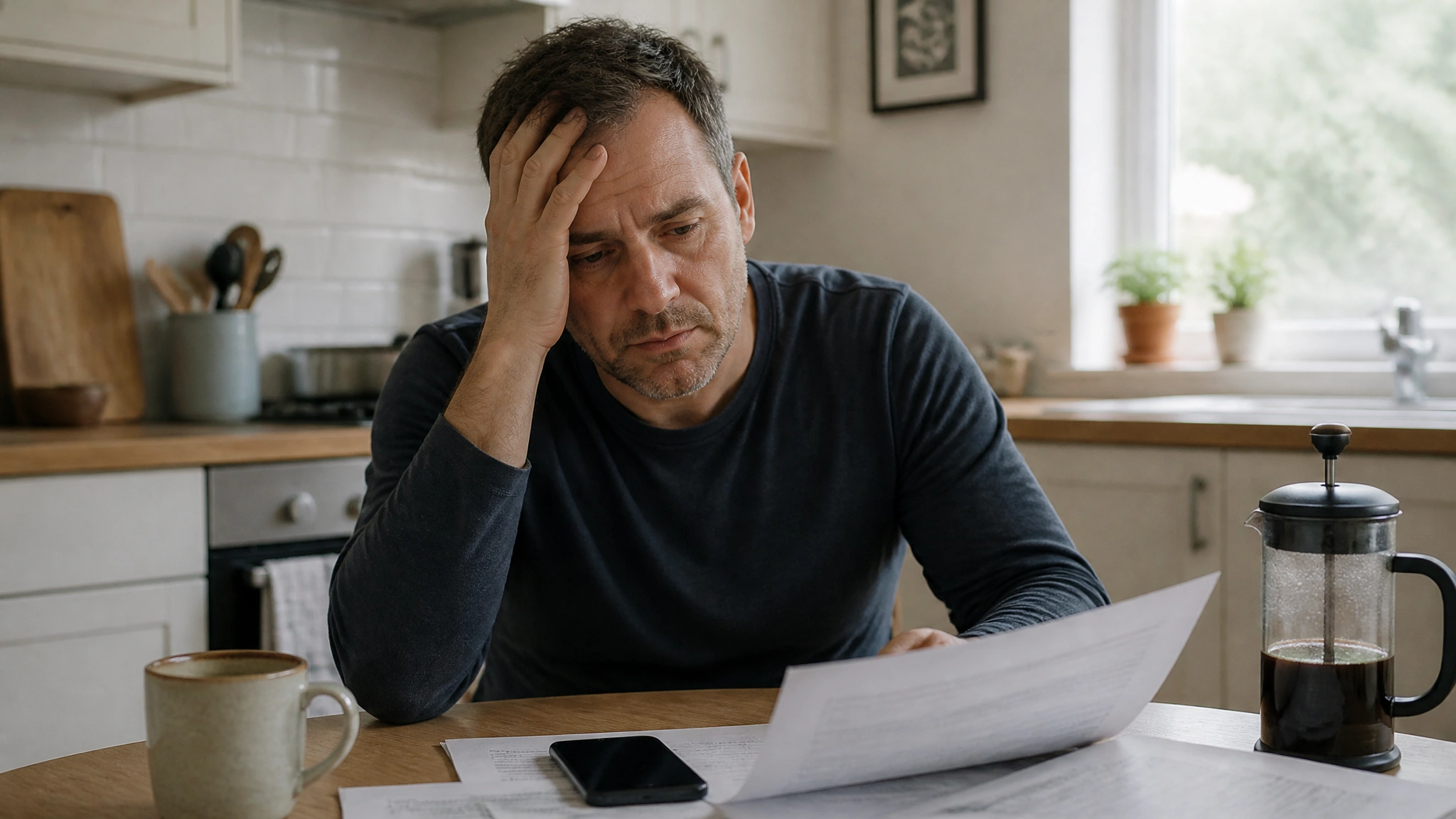 Older man in a hospital room beside a home recovery scene with family photos