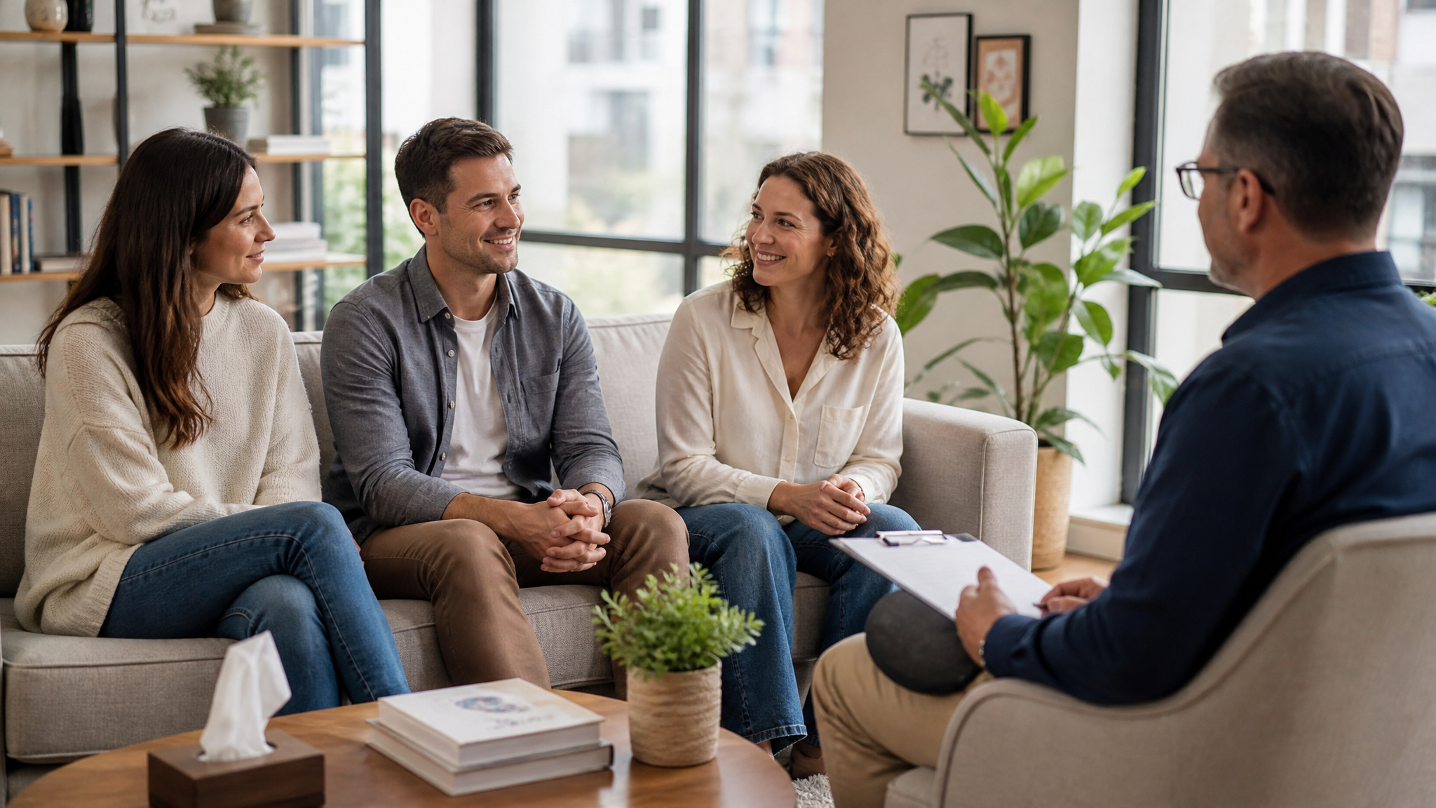 Three adults talking with a therapist during a counseling session