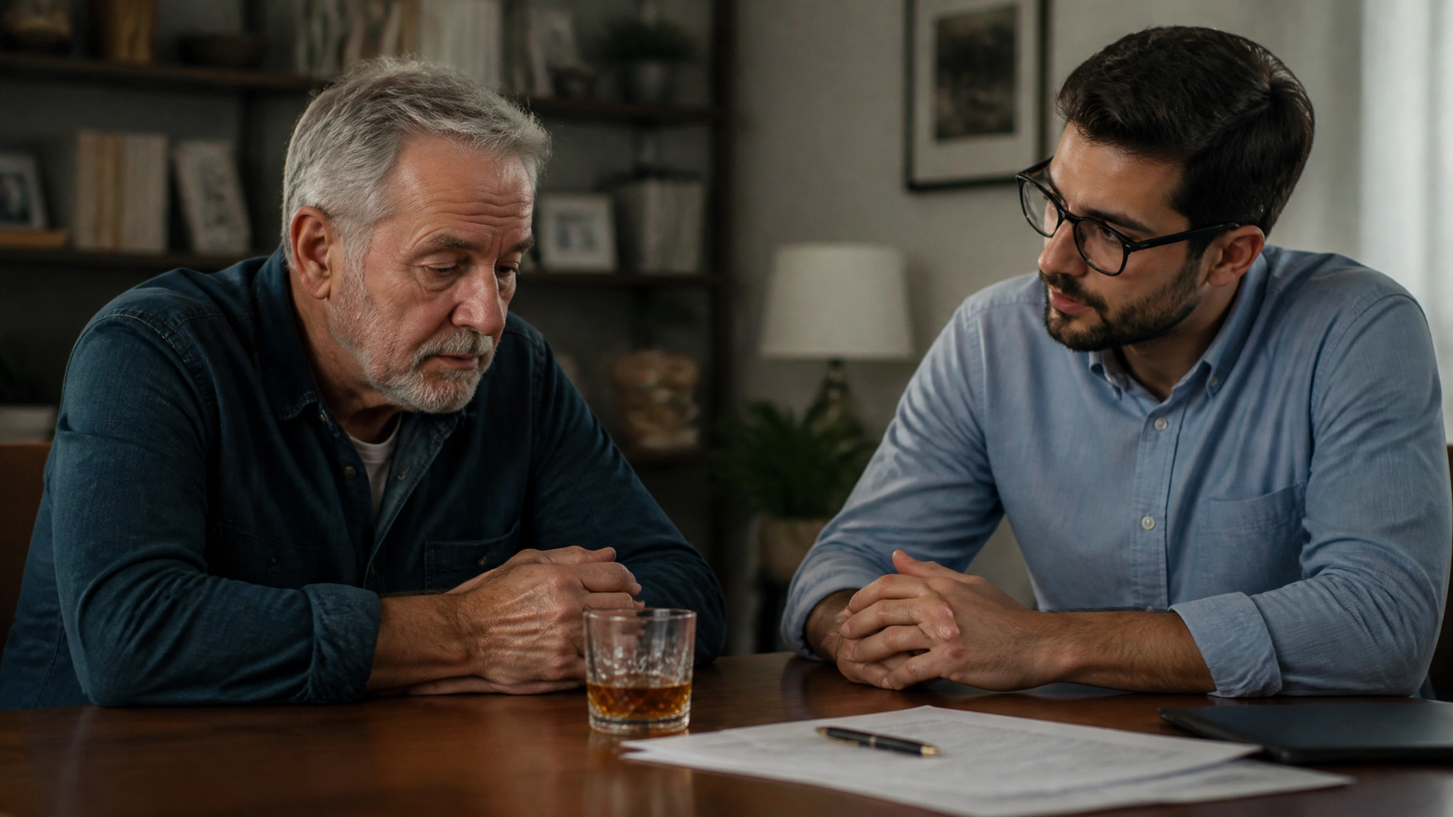 Older man discussing alcohol use with a younger man at a table