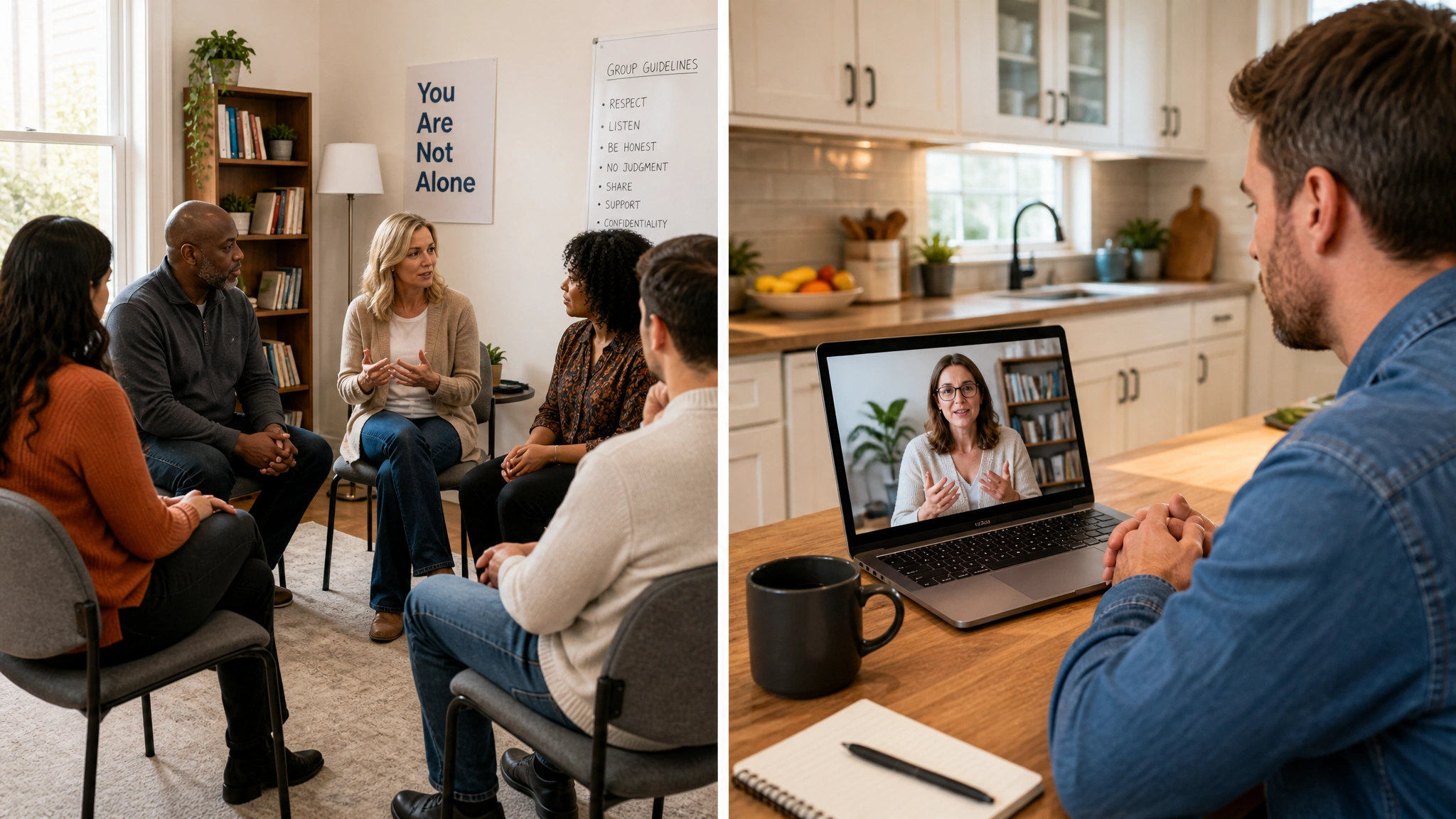 In-person group therapy session beside an online therapy session on a laptop