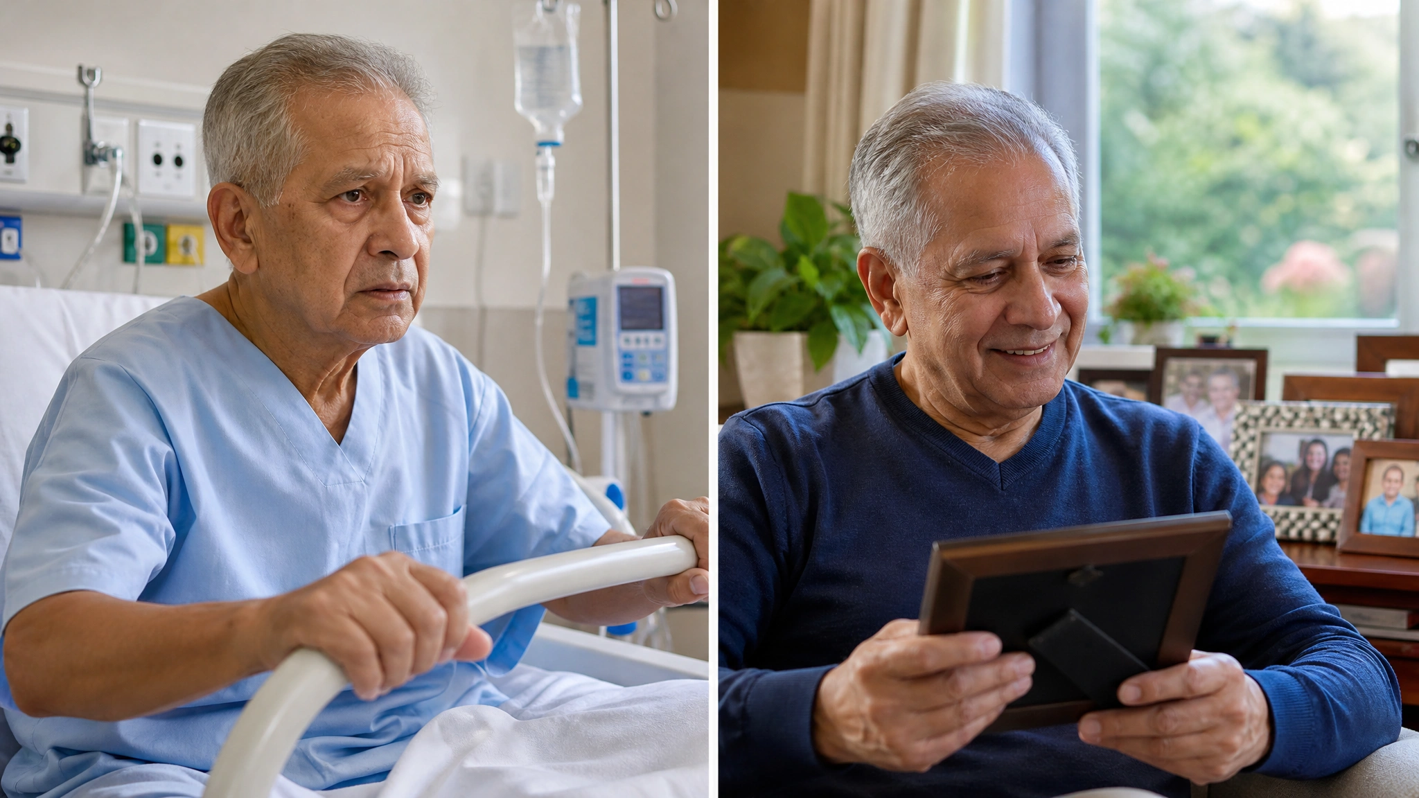Older man in a hospital room beside a home recovery scene with family photos